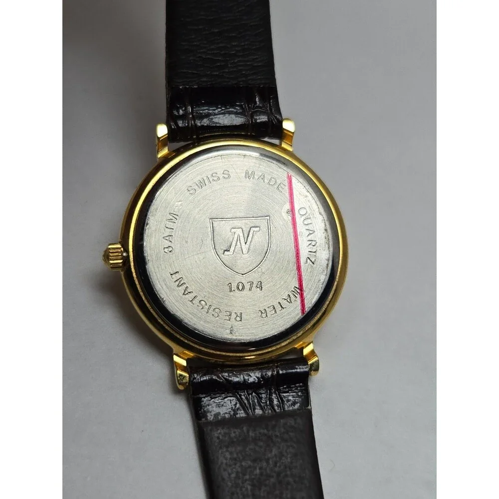 Womens Vintage Nivada Bermuda Map Swiss Quartz Gold Leather Watch New Battery